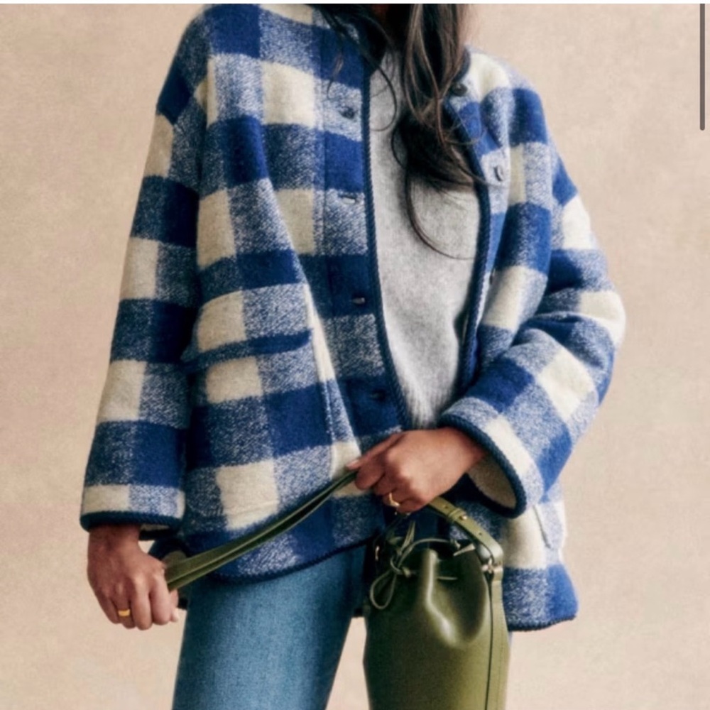 Sezane Blue and Cream Check NEW Teddy Jacket